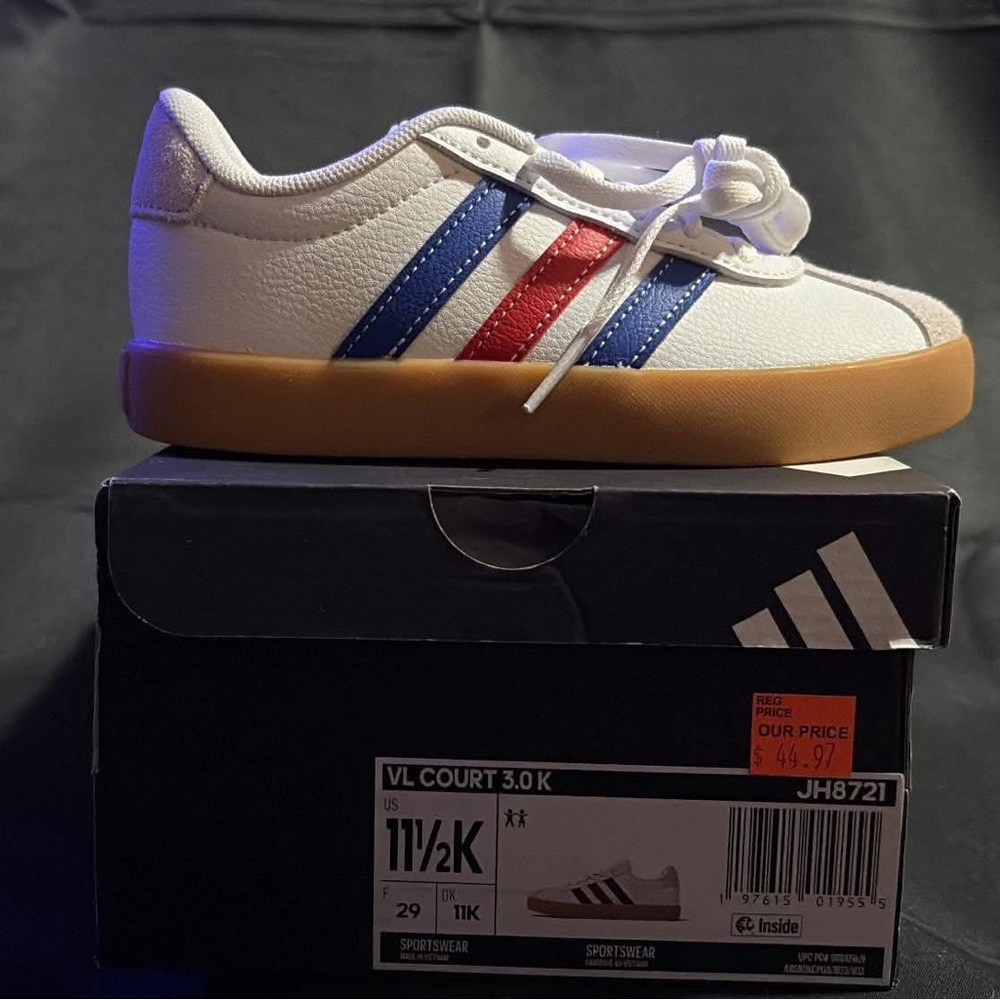Adidas Kids White Sneakers with Red and Blue Stripes